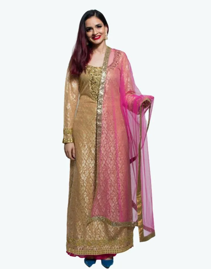 Beige Net Kurta With Pink Palazzo And Dupatta - Rent