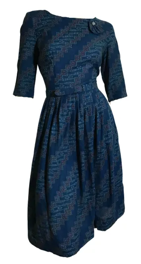 Black and Blue Rhinestone Trimmed Dress  circa 1950s