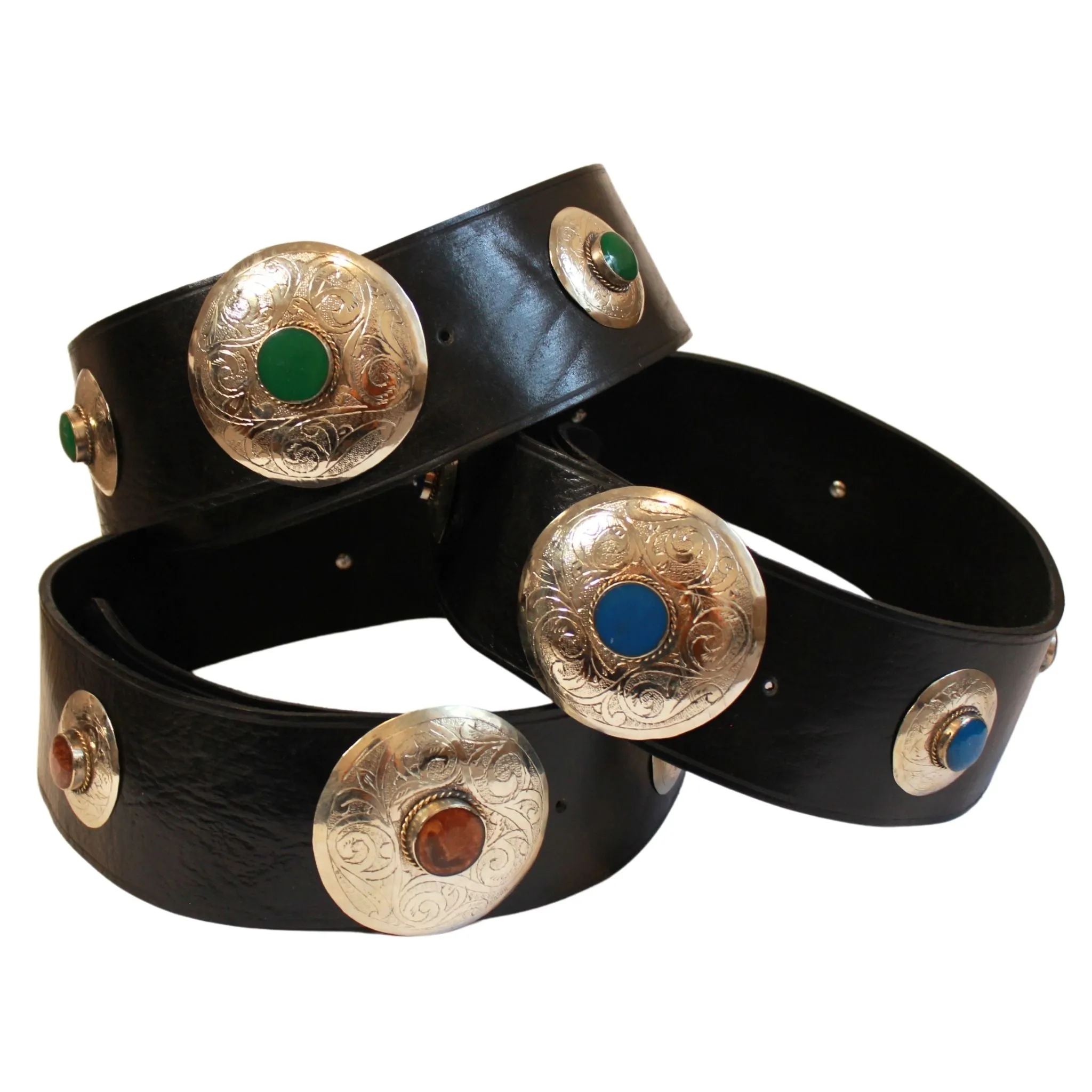 Black Leather Belt with Green Metal Details