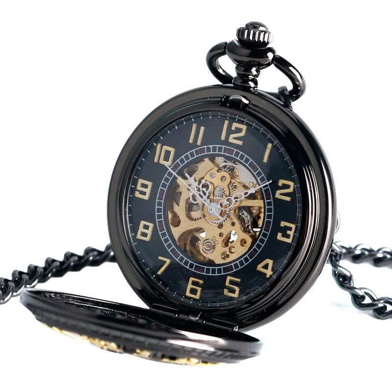 Black Metal Pocket Watch with Hollow Mouse Logo and Gold Numbers