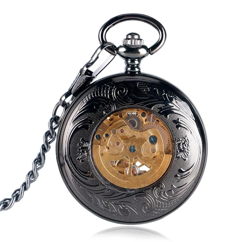 Black Metal Pocket Watch with Hollow Mouse Logo and Gold Numbers