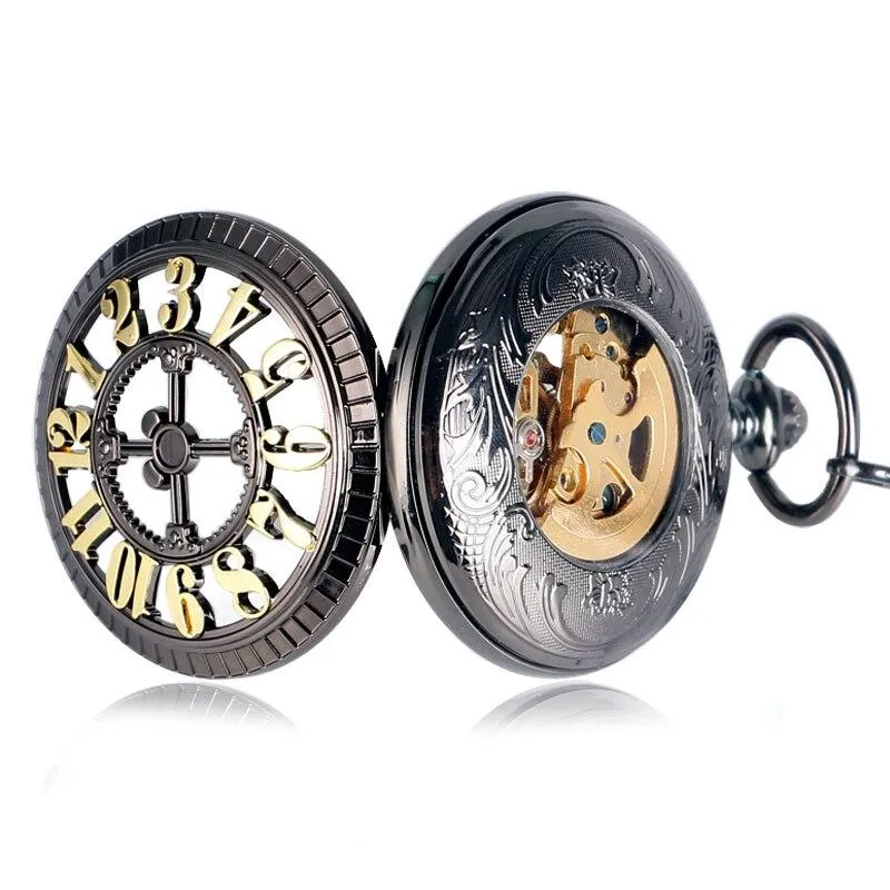 Black Metal Pocket Watch with Hollow Mouse Logo and Gold Numbers