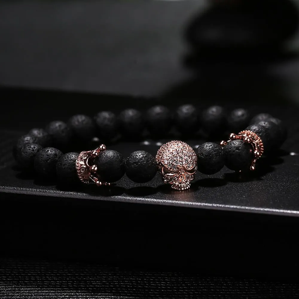 Black Natural Stone Bead with Skull Bracelet