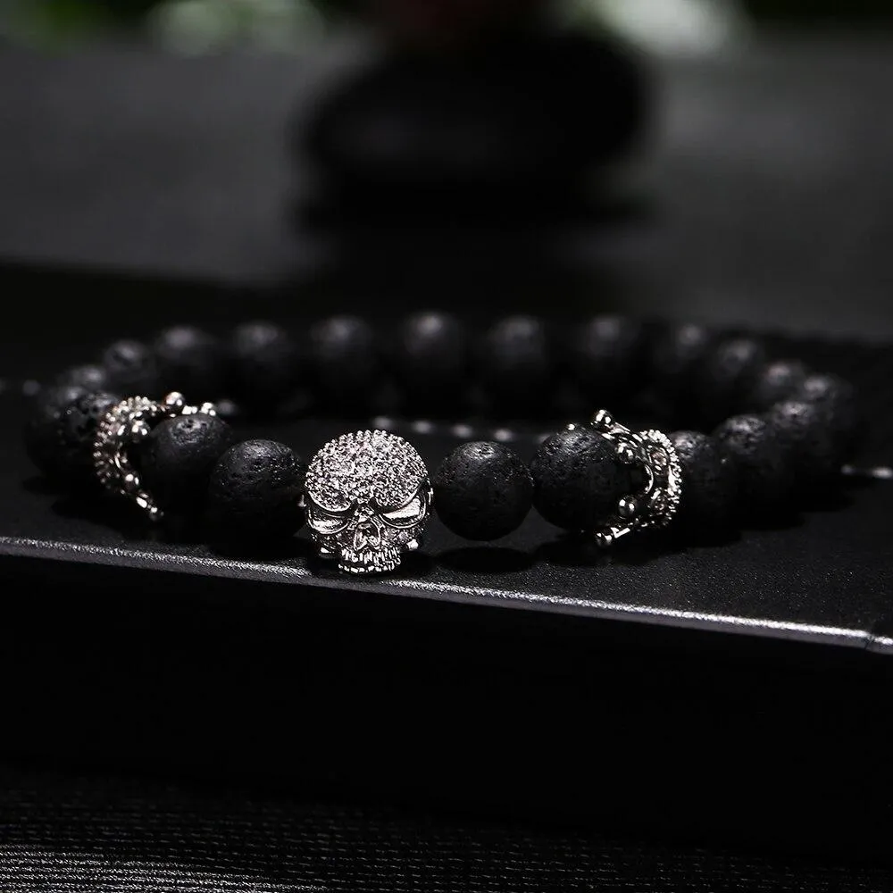 Black Natural Stone Bead with Skull Bracelet