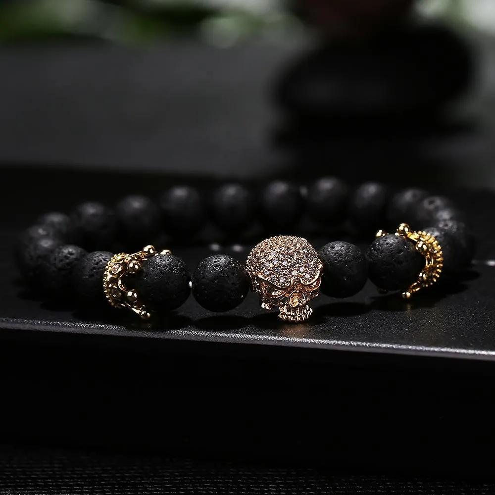 Black Natural Stone Bead with Skull Bracelet