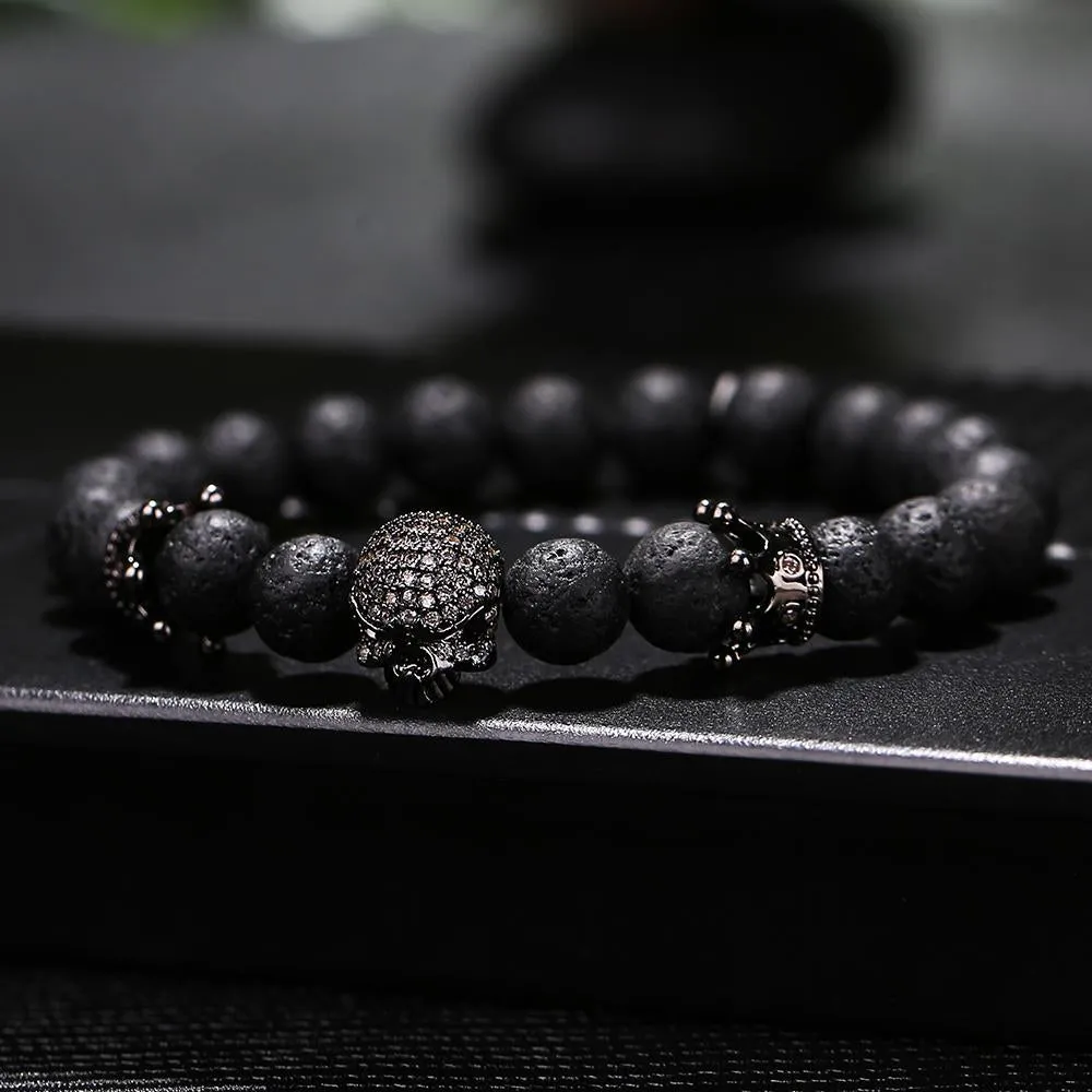 Black Natural Stone Bead with Skull Bracelet