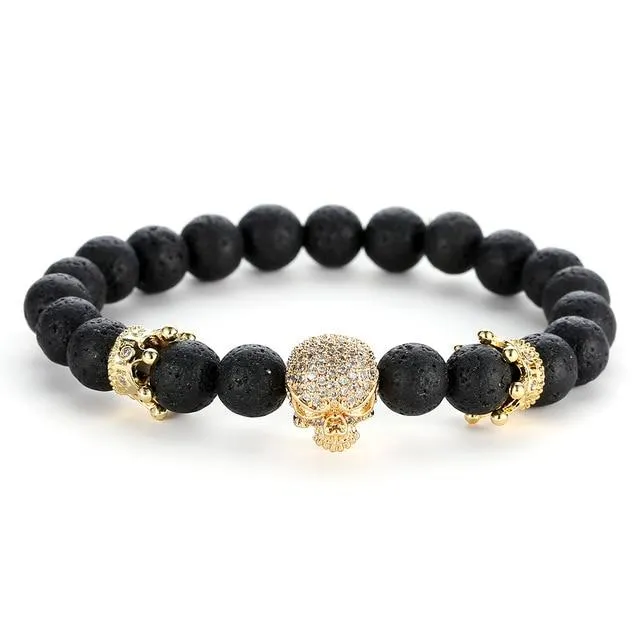 Black Natural Stone Bead with Skull Bracelet