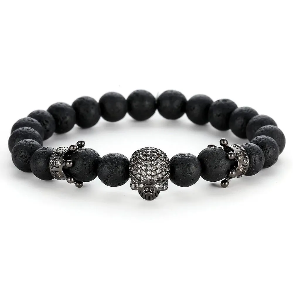 Black Natural Stone Bead with Skull Bracelet