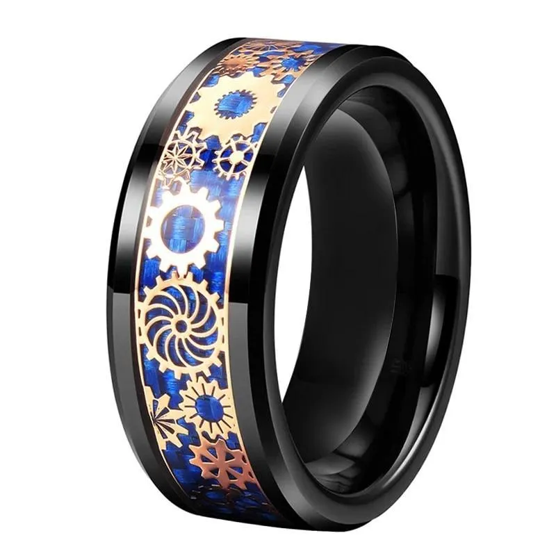 Black Tungsten Carbide in Blue Inlay with Rosegold Gear Design Wedding Band