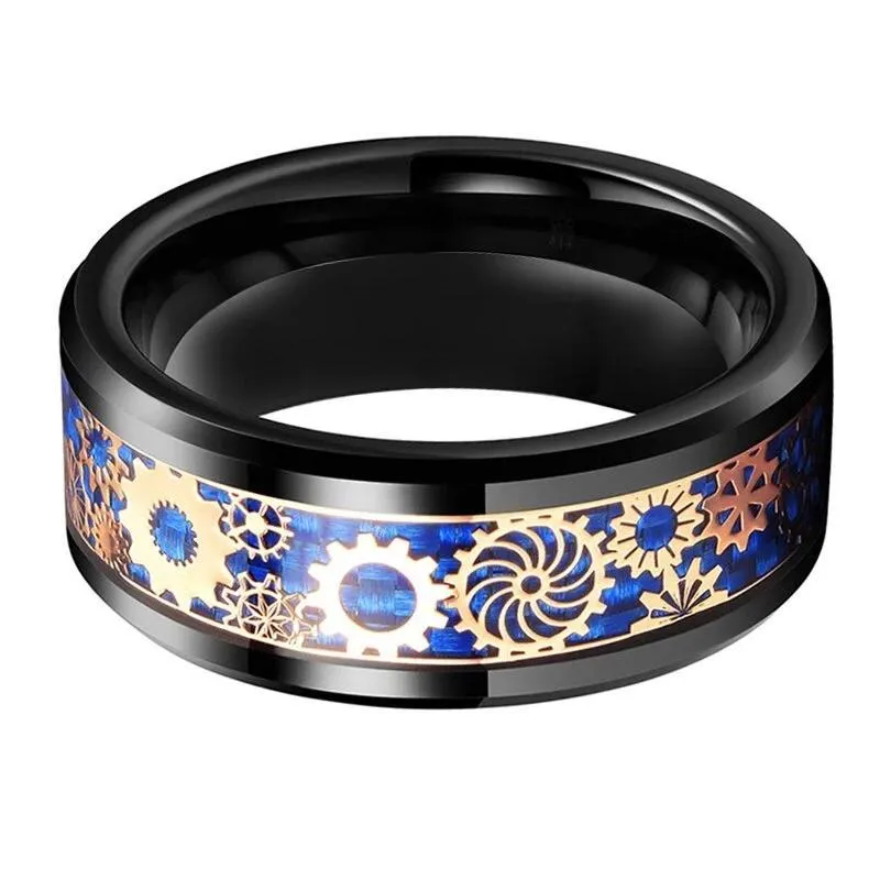 Black Tungsten Carbide in Blue Inlay with Rosegold Gear Design Wedding Band