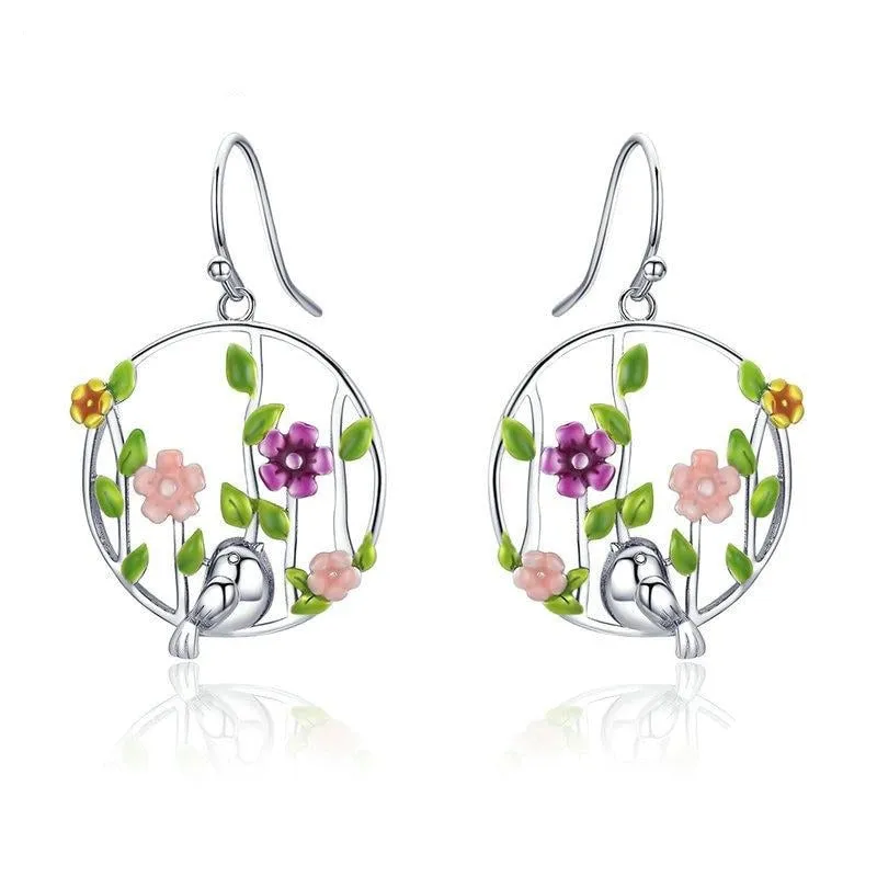 Blooming Forest with a Bird 925 Sterling Silver Drop Earrings