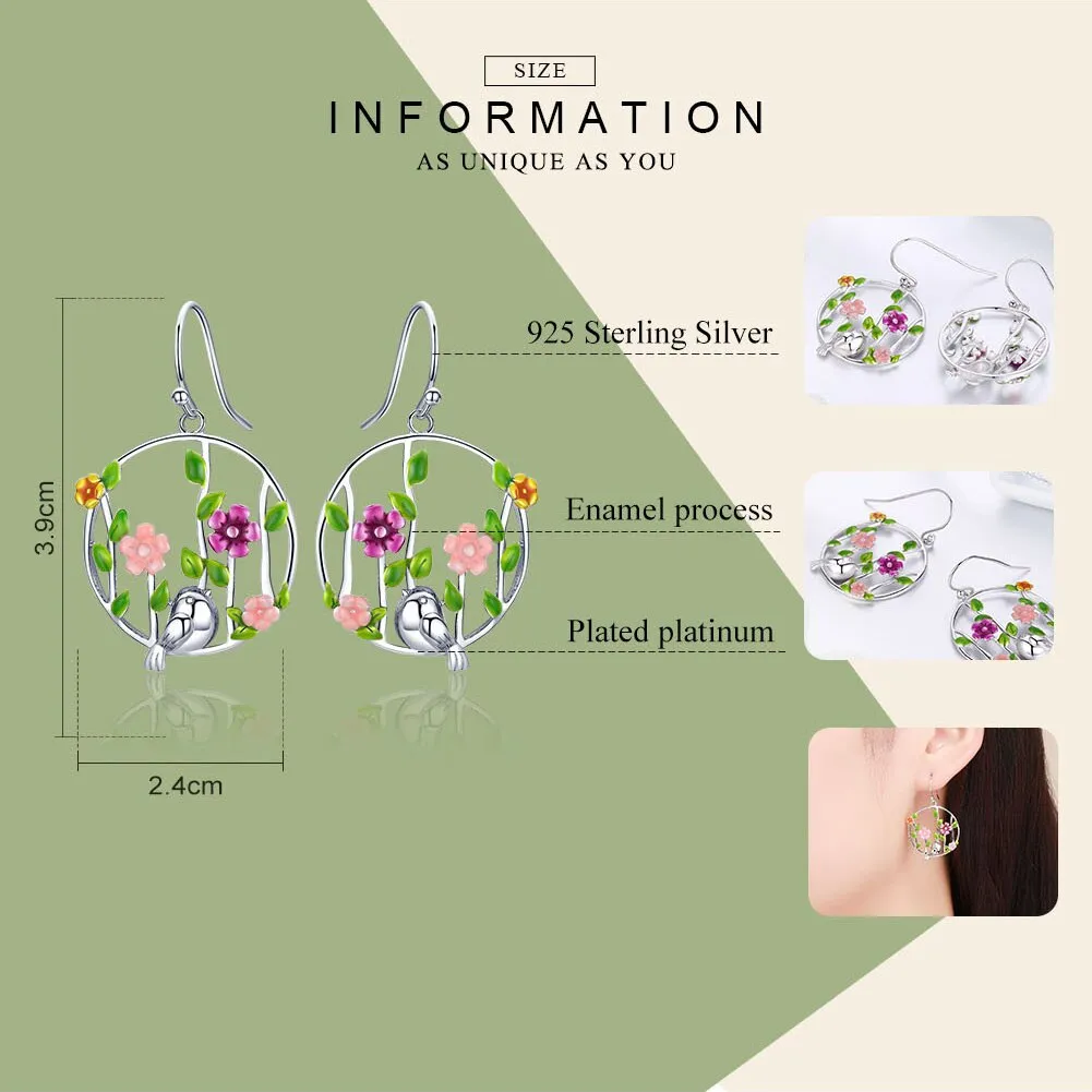 Blooming Forest with a Bird 925 Sterling Silver Drop Earrings