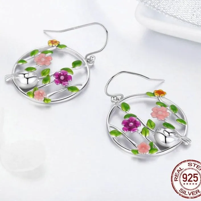 Blooming Forest with a Bird 925 Sterling Silver Drop Earrings