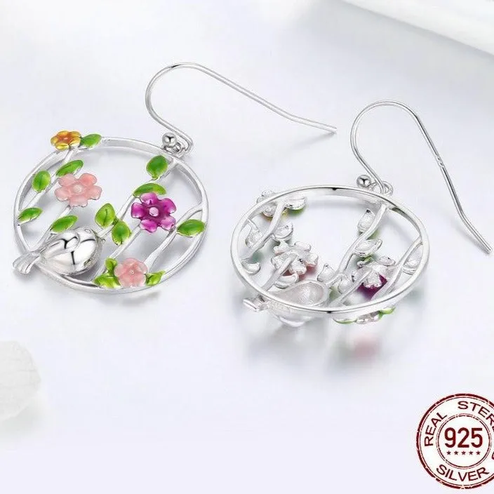 Blooming Forest with a Bird 925 Sterling Silver Drop Earrings