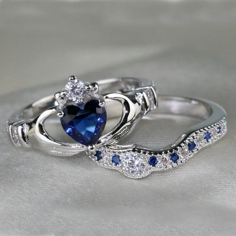 Blue Cubic Zirconia Claddagh and Forever Love Stainless Steel Wedding Bands Set