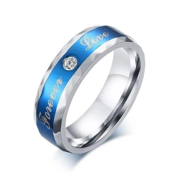 Blue Cubic Zirconia Claddagh and Forever Love Stainless Steel Wedding Bands Set