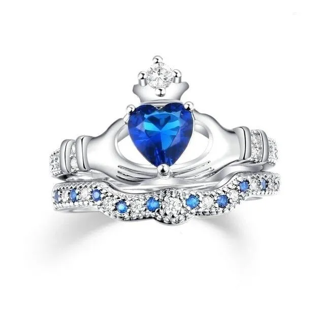 Blue Cubic Zirconia Claddagh and Forever Love Stainless Steel Wedding Bands Set