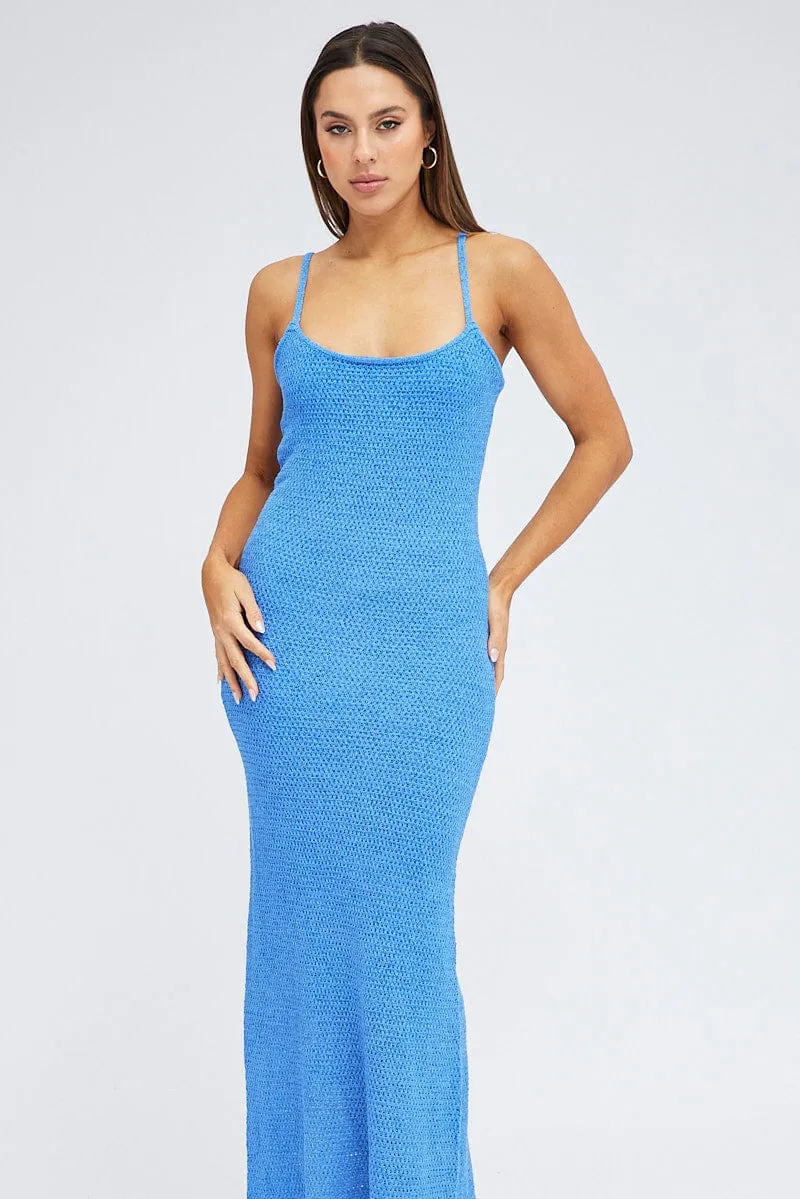 Blue Knit Dress Maxi Crochet