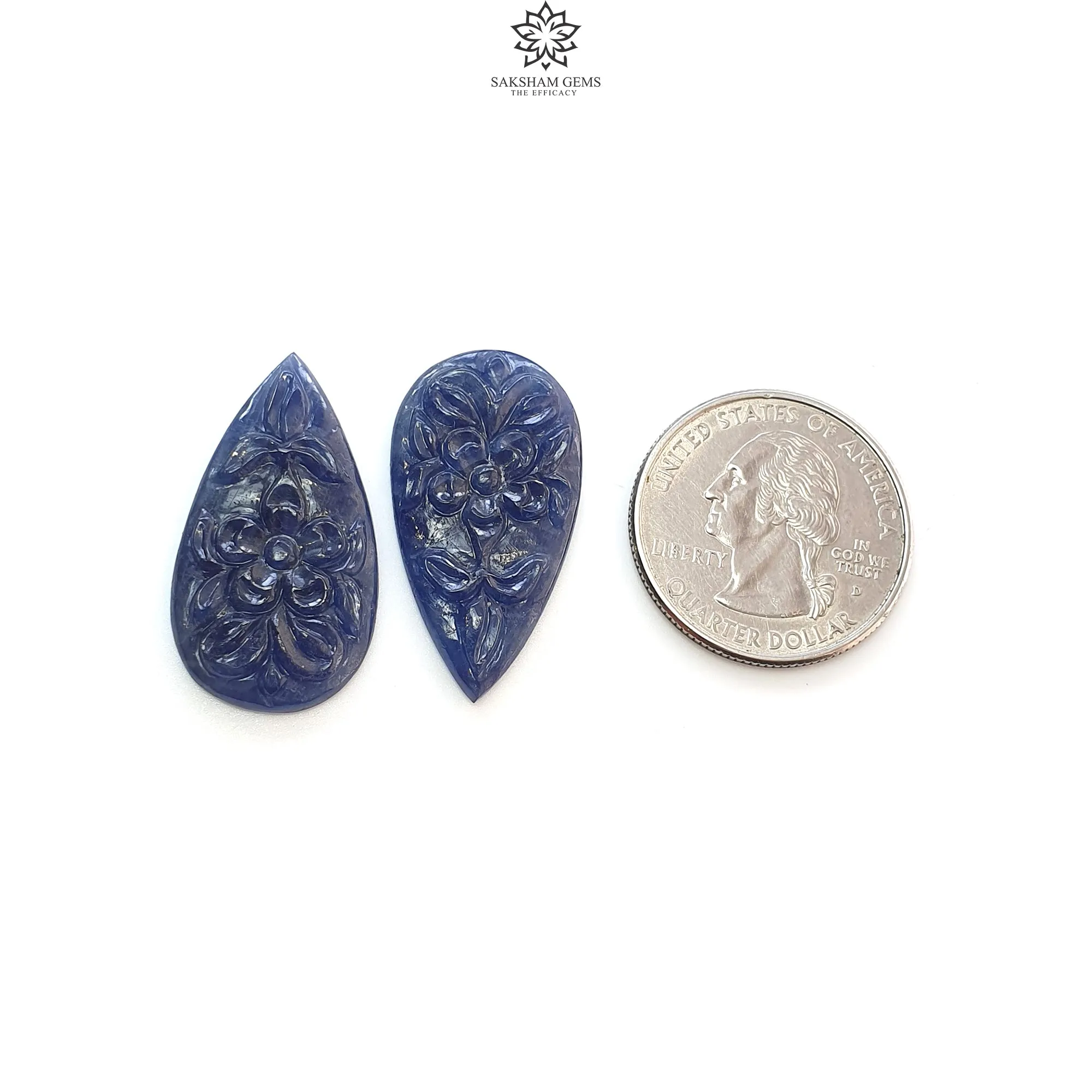 Blue Sapphire Gemstone Carving : 38.50cts Natural Untreated Unheated Blue Sapphire Hand Carved Pear Shape 31*16mm Pair