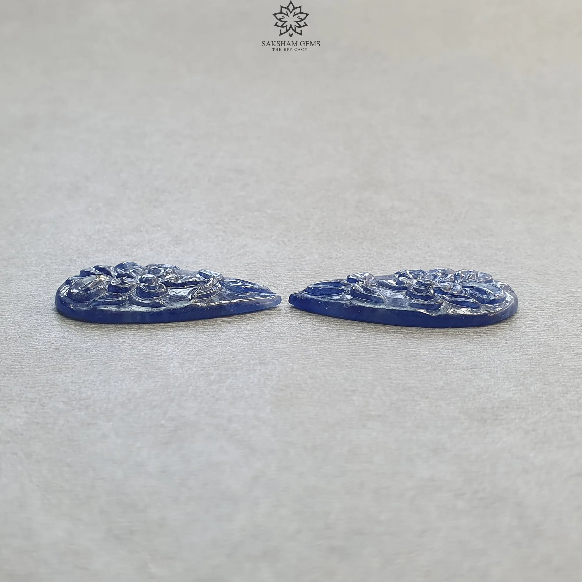 Blue Sapphire Gemstone Carving : 38.50cts Natural Untreated Unheated Blue Sapphire Hand Carved Pear Shape 31*16mm Pair