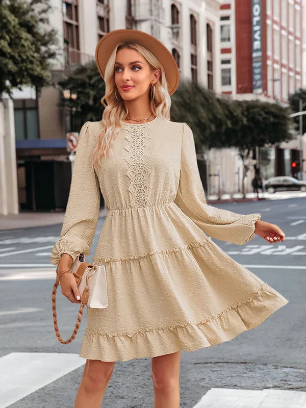 Casual round neck solid color waist lace dress