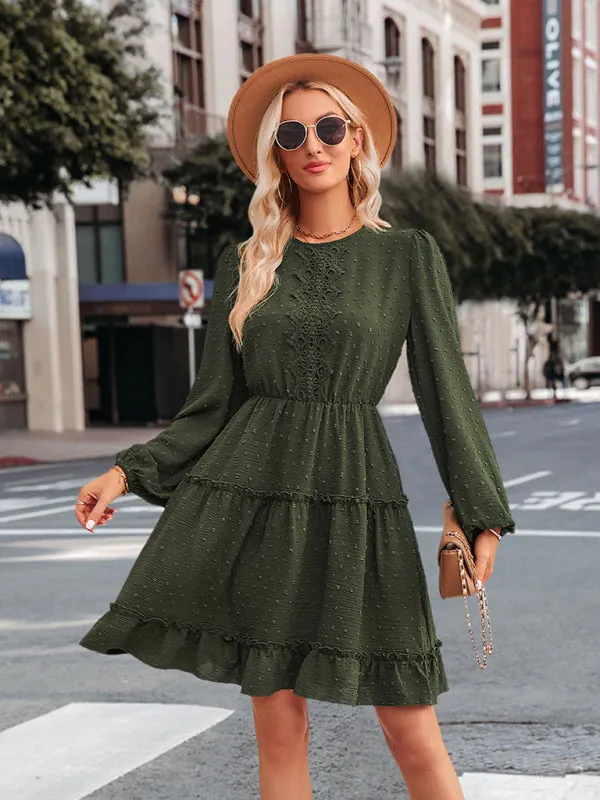 Casual round neck solid color waist lace dress