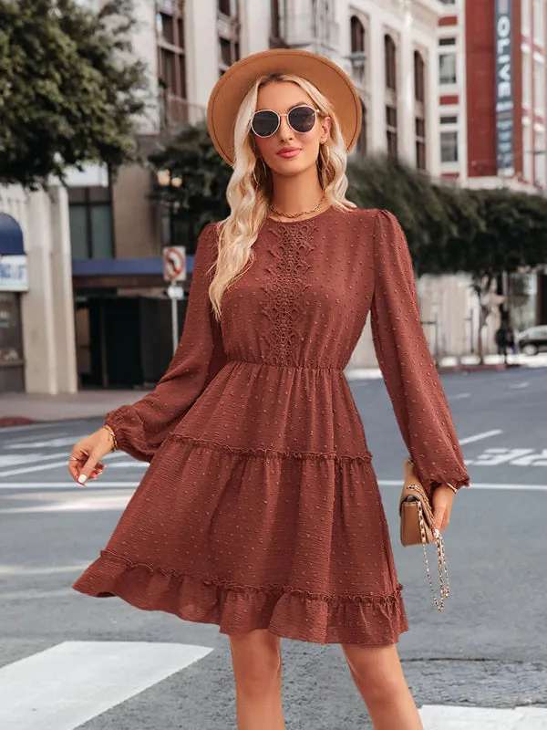 Casual round neck solid color waist lace dress