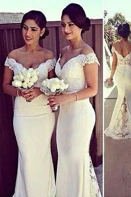 Charming Ivory Long Cap Sleeve Lace Mermaid Sexy Long Bridesmaid Dresses