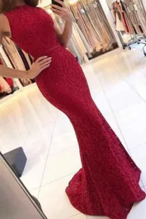 Charming New Arrival Mermaid Round Neck Dark Red Lace Prom Dresses