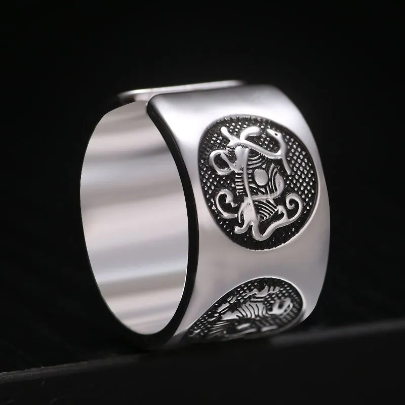 Chinese Four Mythical Creatures 999 Genuine Silver Adjustable Ring