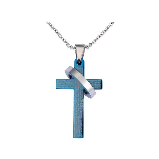 Classic Cross Pendant with Silver Ring and Prayer Engraving Necklace