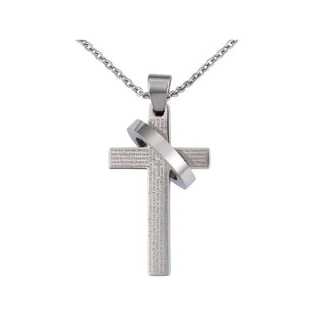 Classic Cross Pendant with Silver Ring and Prayer Engraving Necklace