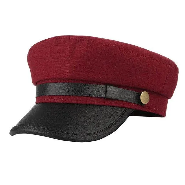 Classic Flat Top Army Military Hat with Large Buttons and Polyurethane Belt