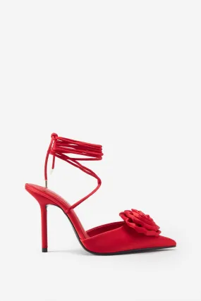 Clearly | Red Satin Lace-Up Stiletto Heels With Flowers