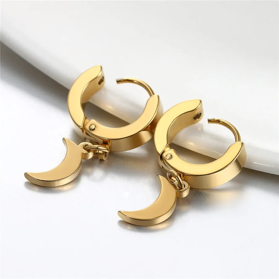 Crescent Moon or Star Stainless Steel Fashion Rock Small Circle Hoop Earrings