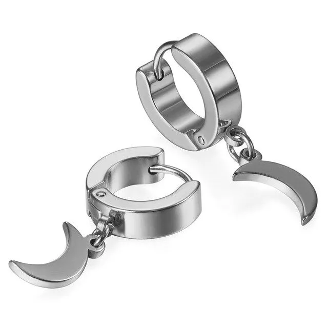 Crescent Moon or Star Stainless Steel Fashion Rock Small Circle Hoop Earrings