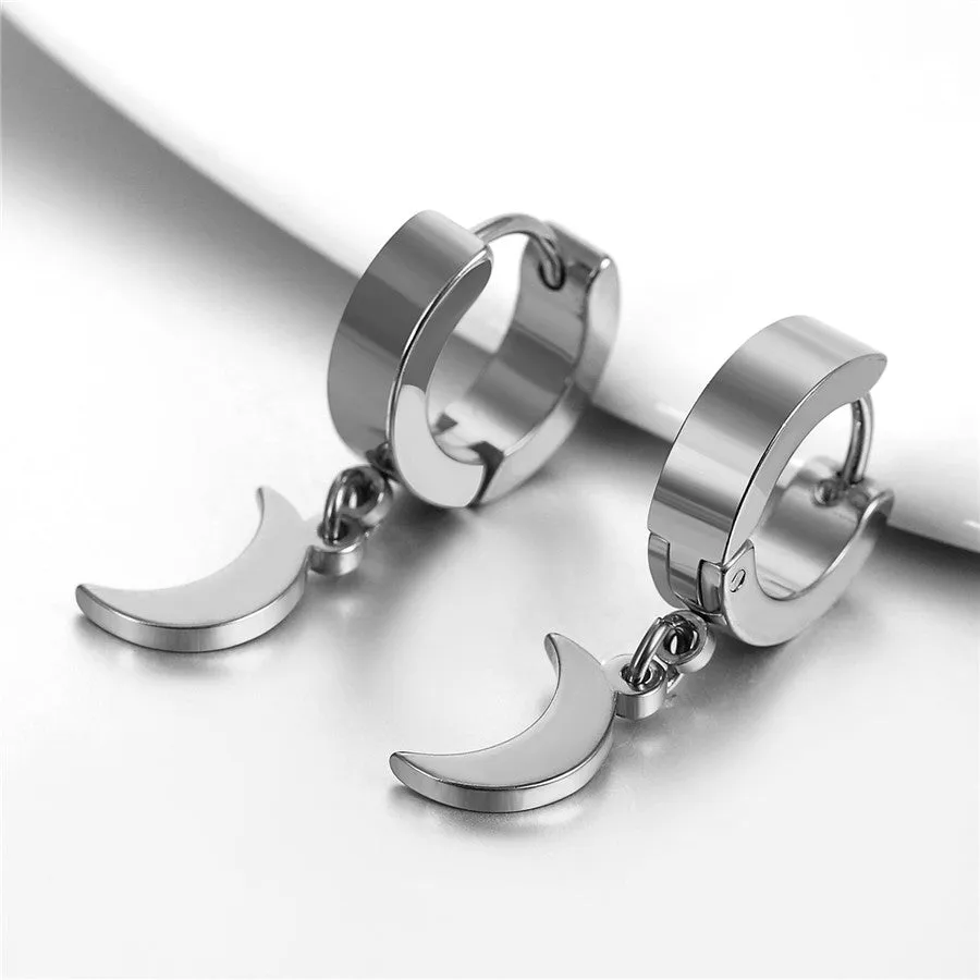 Crescent Moon or Star Stainless Steel Fashion Rock Small Circle Hoop Earrings