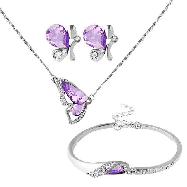 Crystal Butterfly Necklace, Bracelet & Stud Earrings Jewelry Set