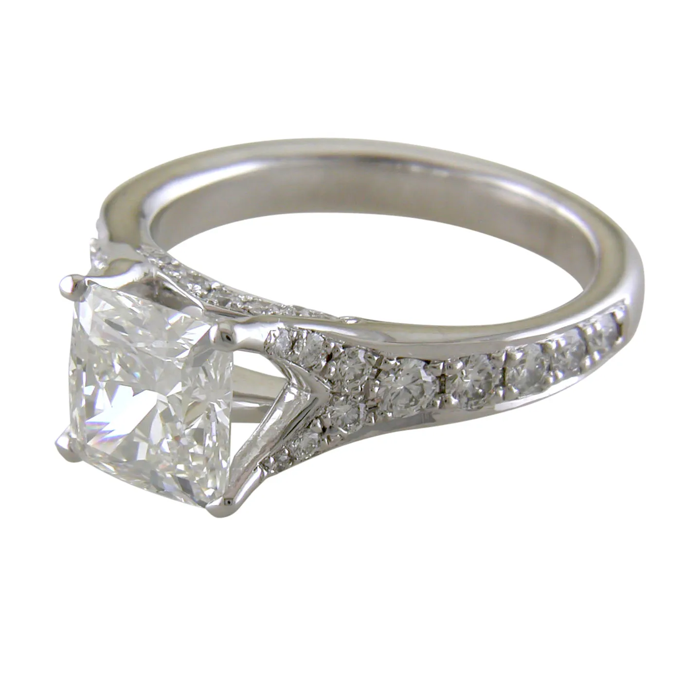 Cushion Modified Brilliant 1.70 Carat Diamond Platinum Custom Split Shank Engagement Ring