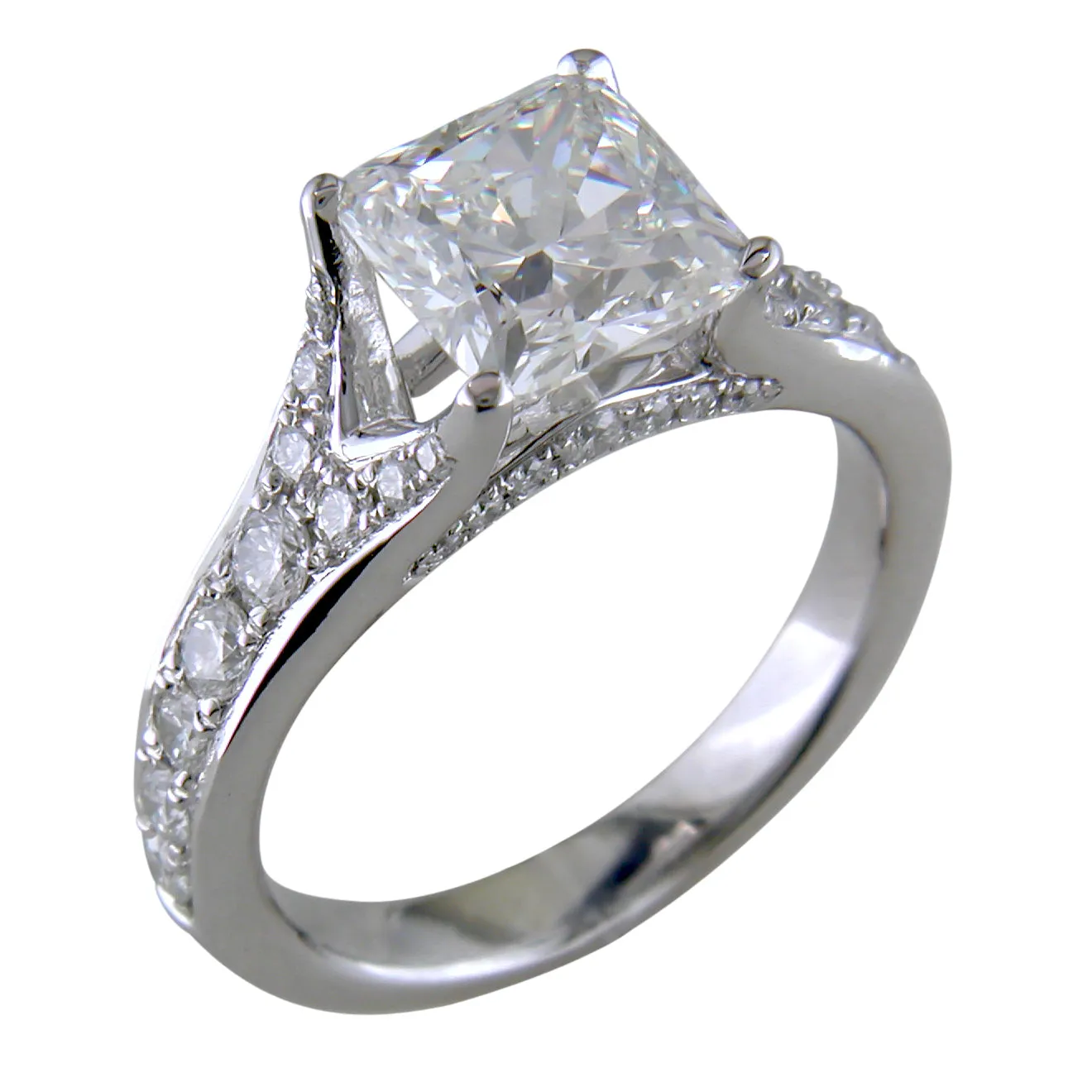 Cushion Modified Brilliant 1.70 Carat Diamond Platinum Custom Split Shank Engagement Ring