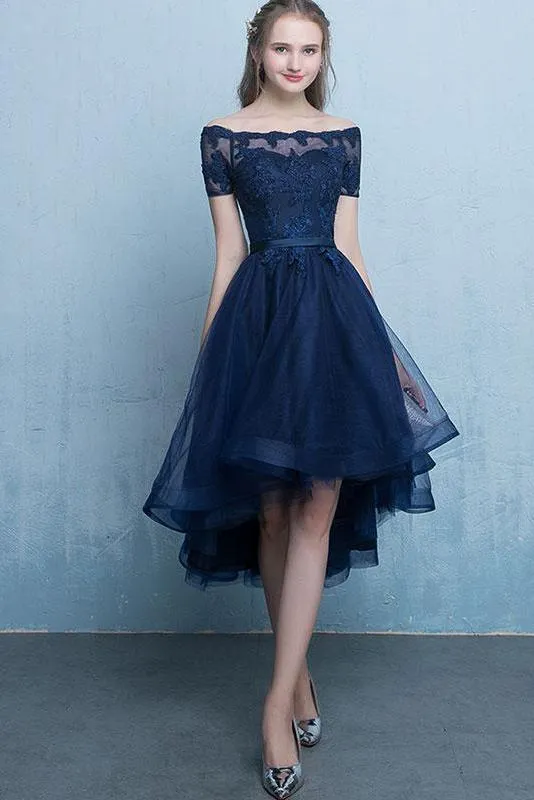 Dark Blue Lace Tulle Short Sleeve High Low Round Neck A-Line Short Prom Dresses