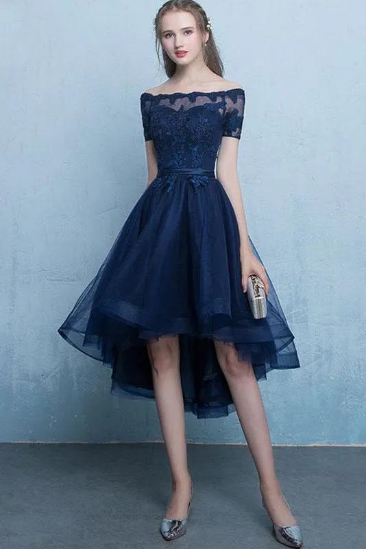 Dark Blue Lace Tulle Short Sleeve High Low Round Neck A-Line Short Prom Dresses