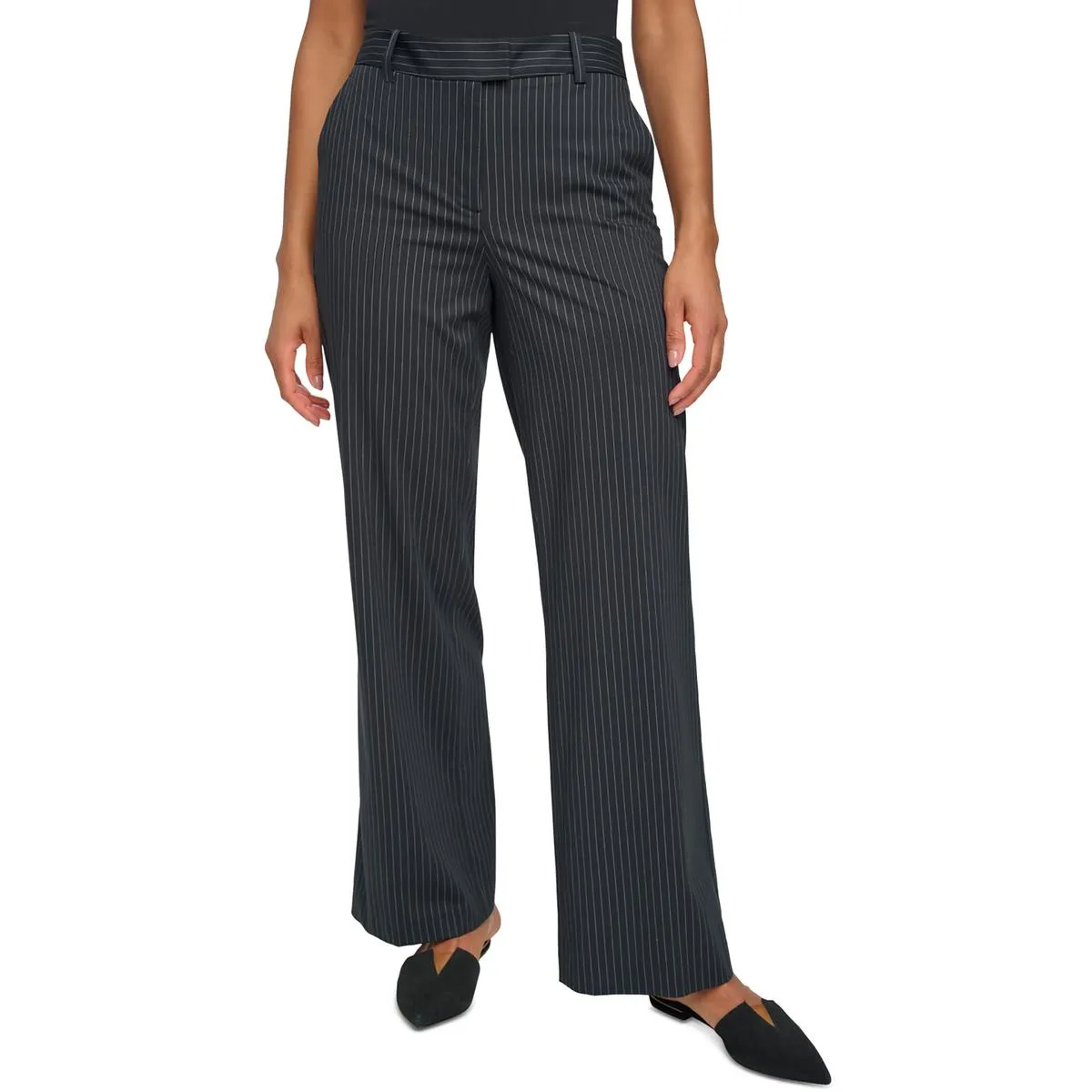 DKNY Womens Plus High Rise Pinstripe Wide Leg Pants