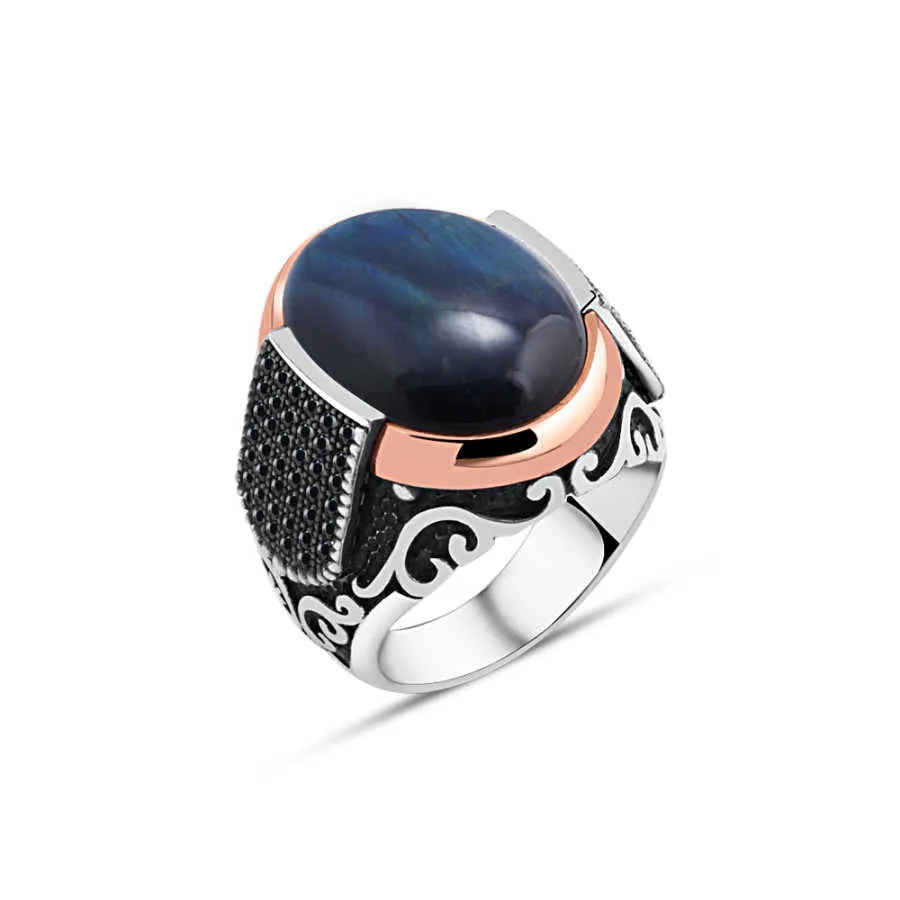 Domic Ellipse Blue Tiger Eye Stone Silver Men's Ring Siding Zircons in Epaulet Shape