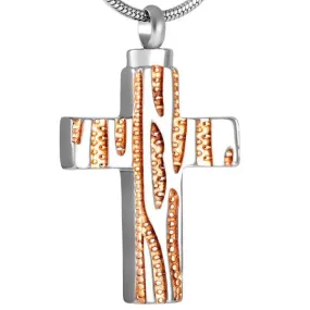 Dotted Zebra Pattern Cross Mini-Urn Pendant and Chain Necklace