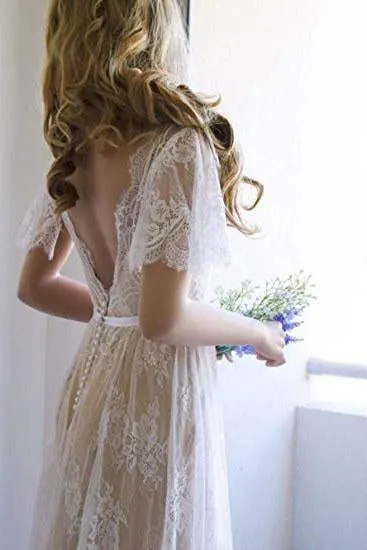 Elegant Lace V Neck Beach Wedding Dresses Short Sleeve Long Backless Wedding Gowns