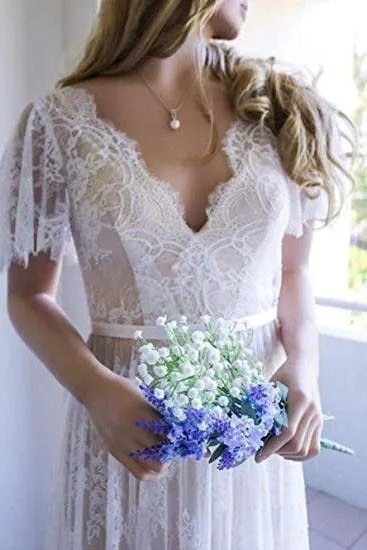 Elegant Lace V Neck Beach Wedding Dresses Short Sleeve Long Backless Wedding Gowns