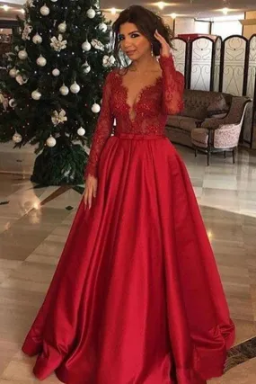 Elegant Long Sleeve Red Lace Beads Long Prom Dresses, A Line Satin Evening Dresses STK15174