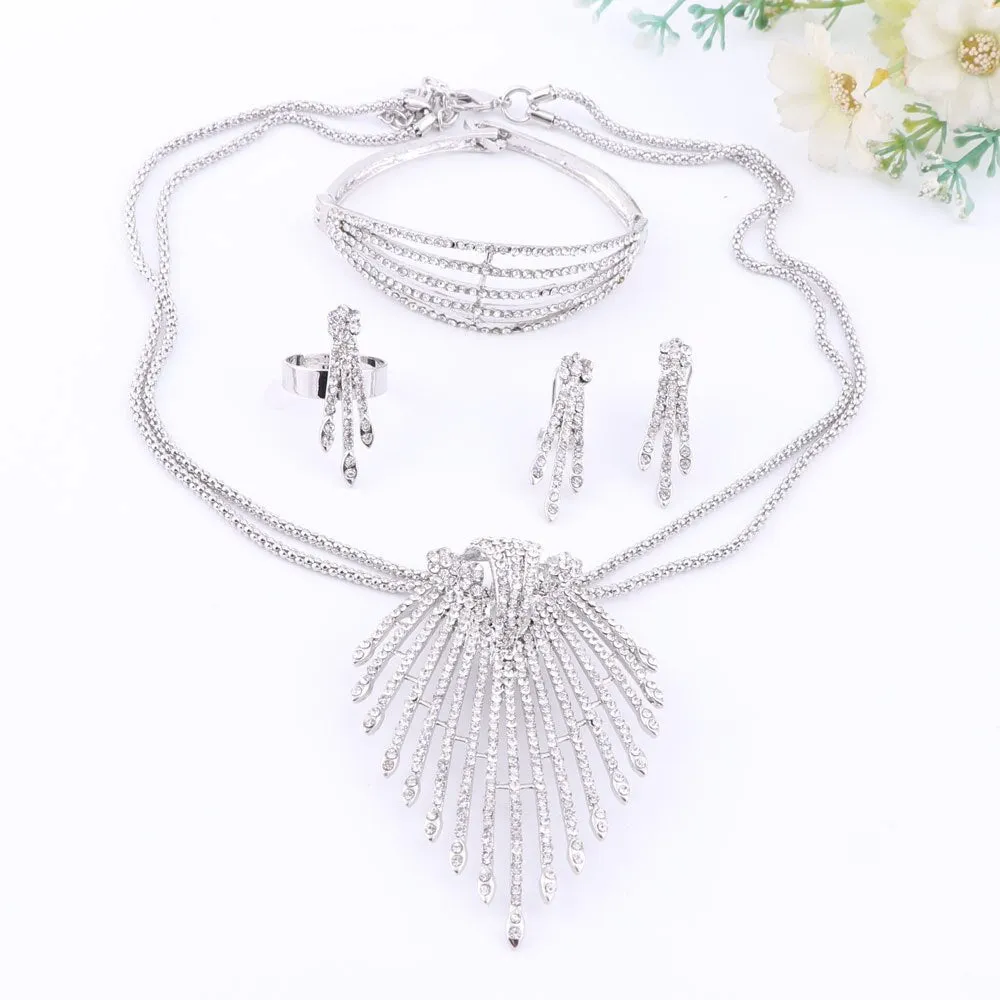 Flare Crystal Necklace, Bracelet, Earrings & Ring Wedding Statement Jewelry Set