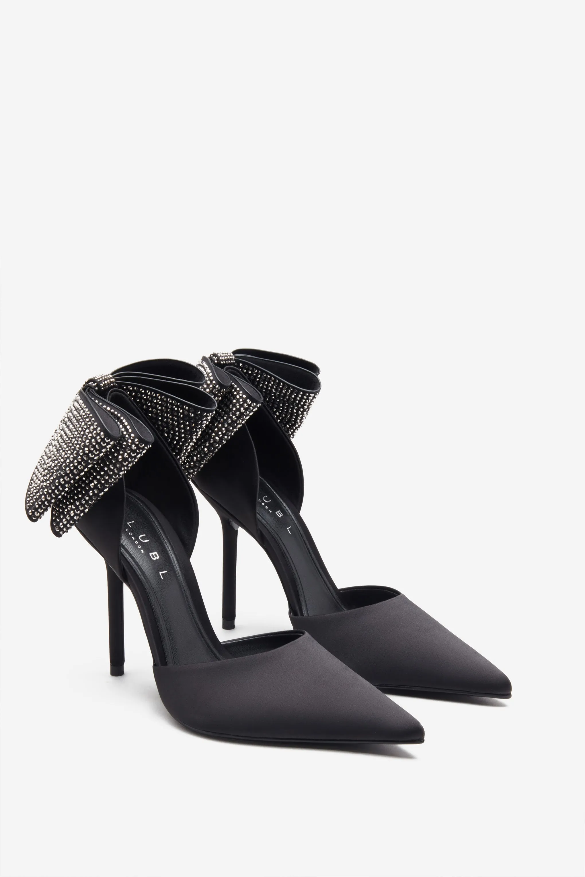 Flashing Lights | Black Satin Pointed Court Heels With Diamante Bows